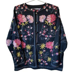 Bedford Fair Black Floral Embroidered Boho Lightweight Jacket Blazer Linen Flax